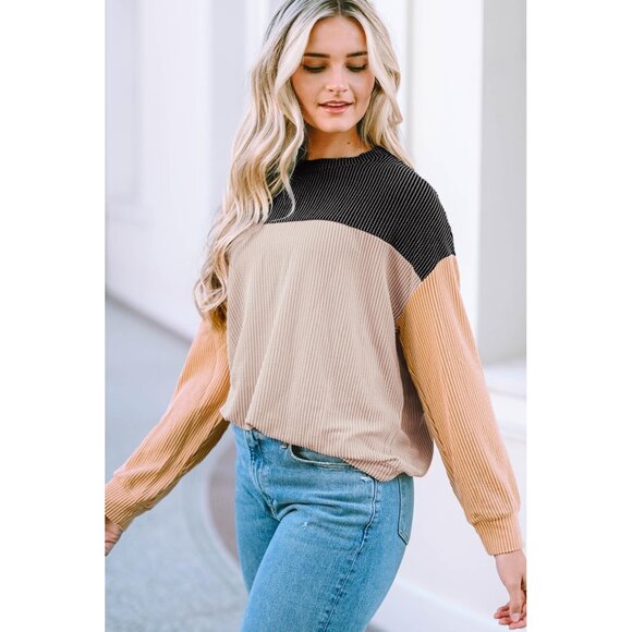 Women's Color Block Knit Pullover Casual Long Sleeve Crewneck Top - Picture 6 of 8